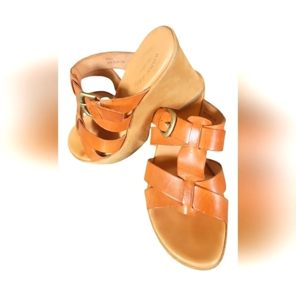 Kork-Ease Ava Tan  Buckle Stacked Heels Saddle Leather Platform Sandals 9/40.5